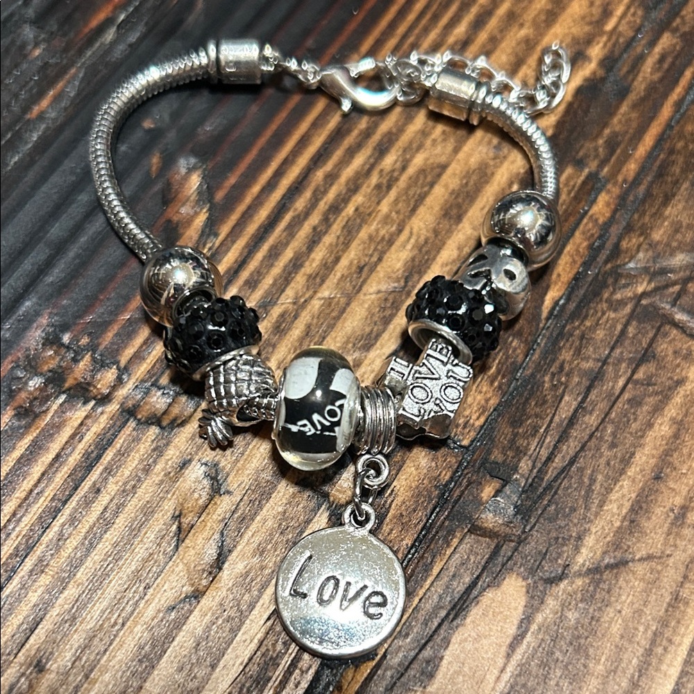 Silver and Black Love Charm Bracelet